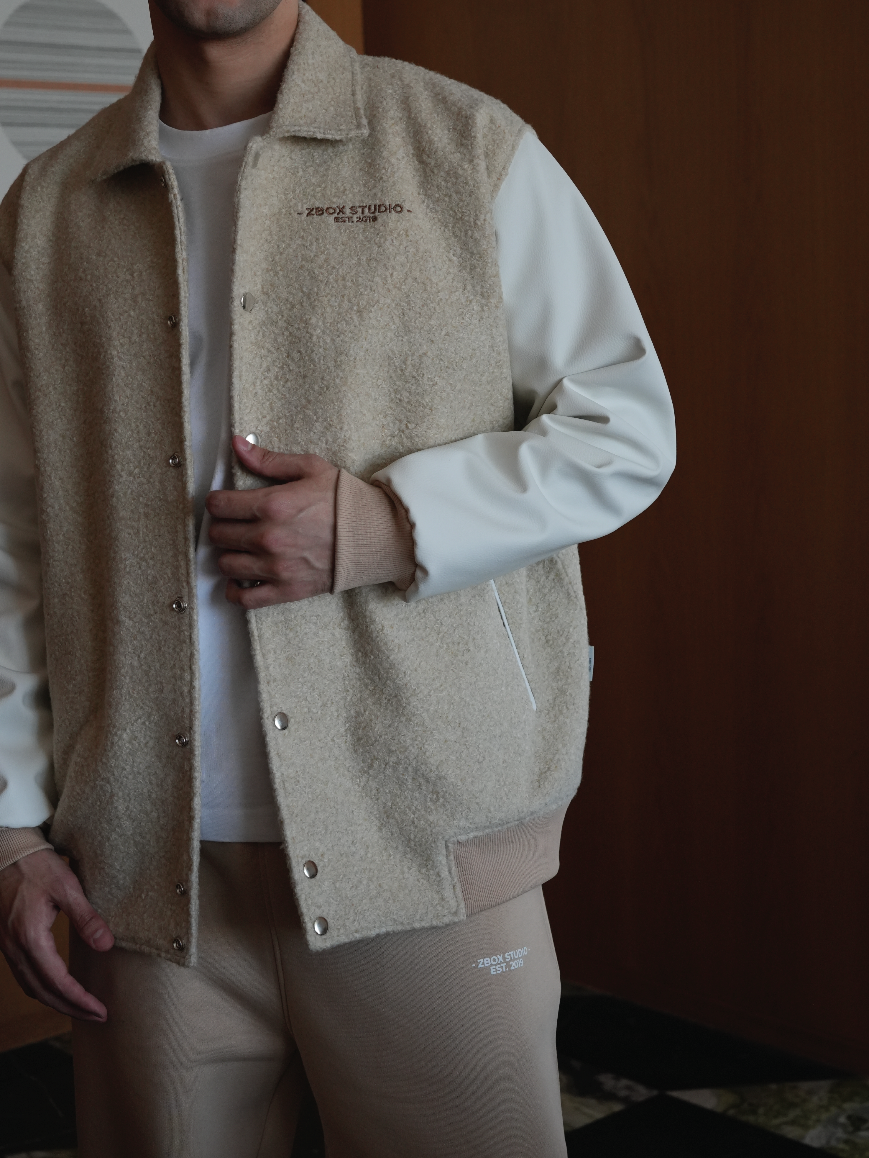 Beige Wool-Blend Varsity Jacket