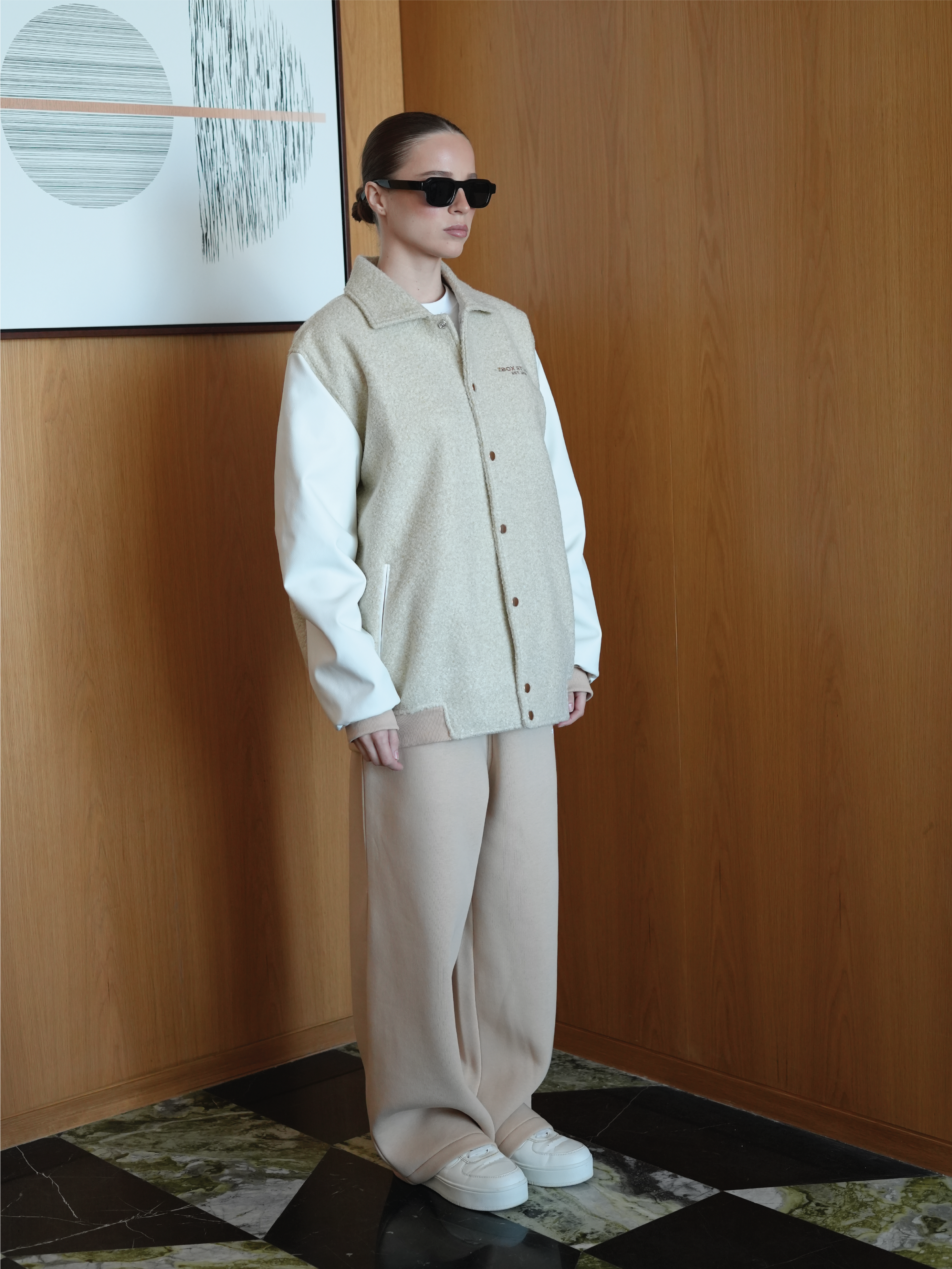 Beige Wool-Blend Varsity Jacket