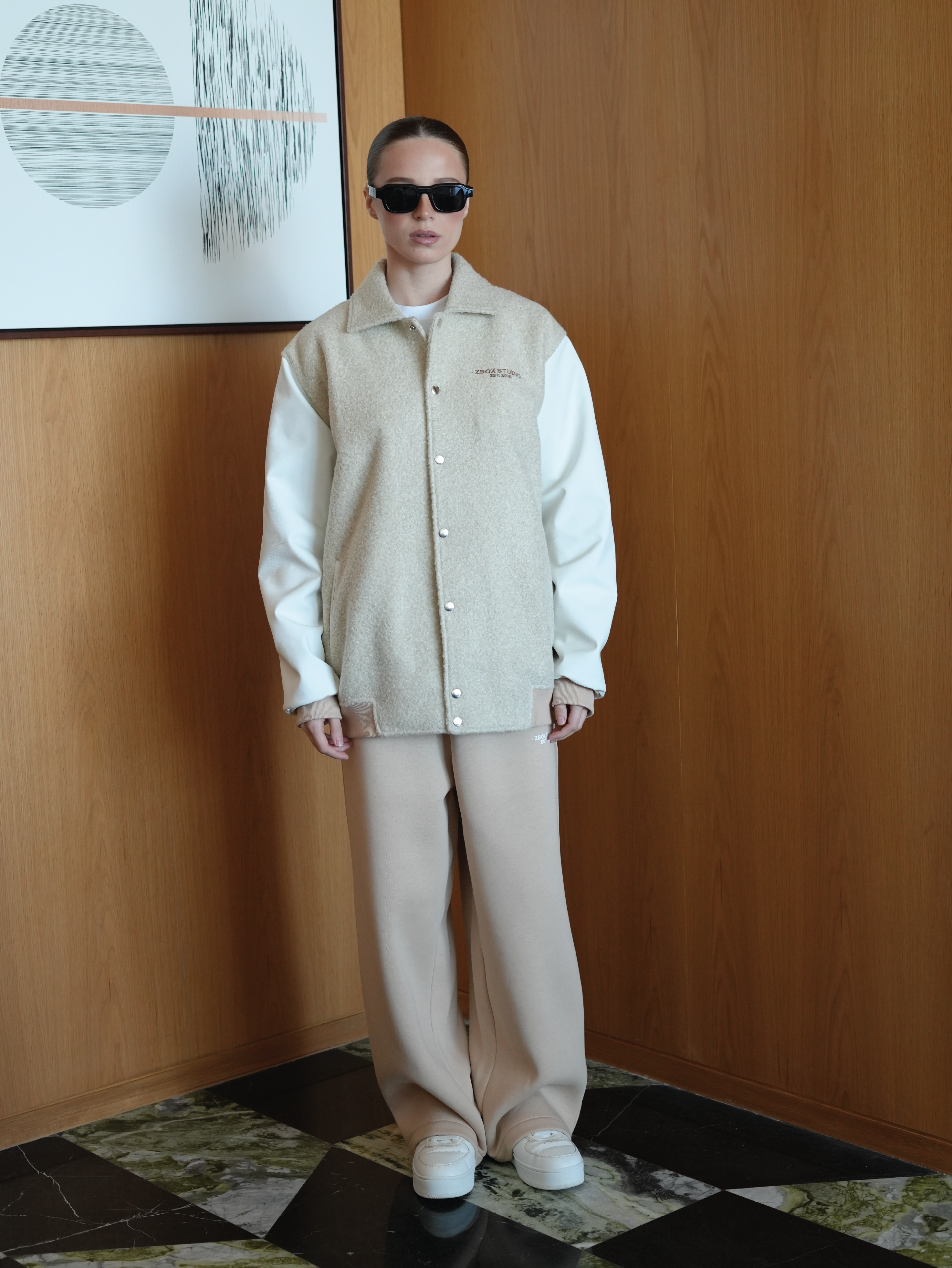 Beige Wool-Blend Varsity Jacket