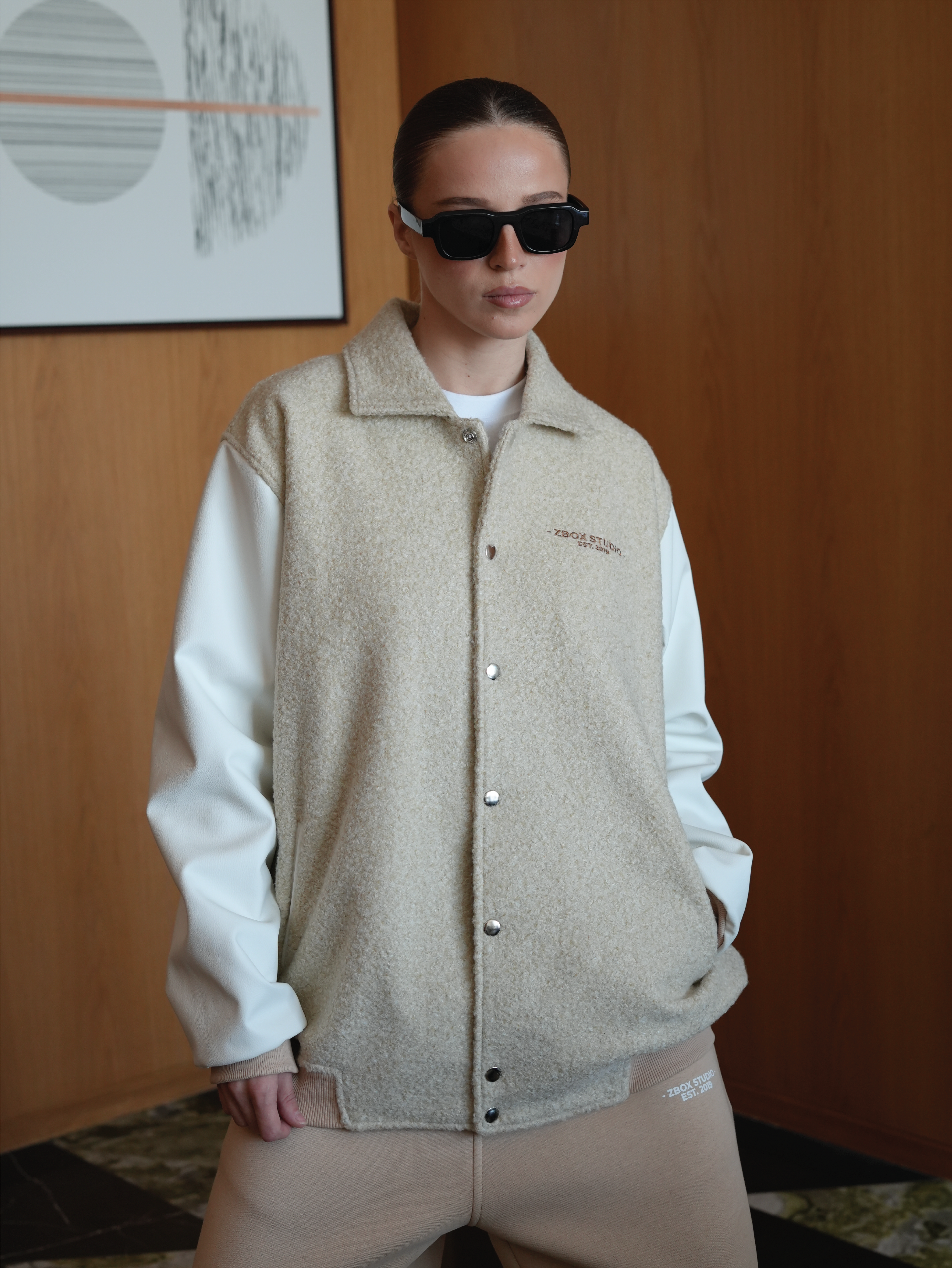 Beige Wool-Blend Varsity Jacket