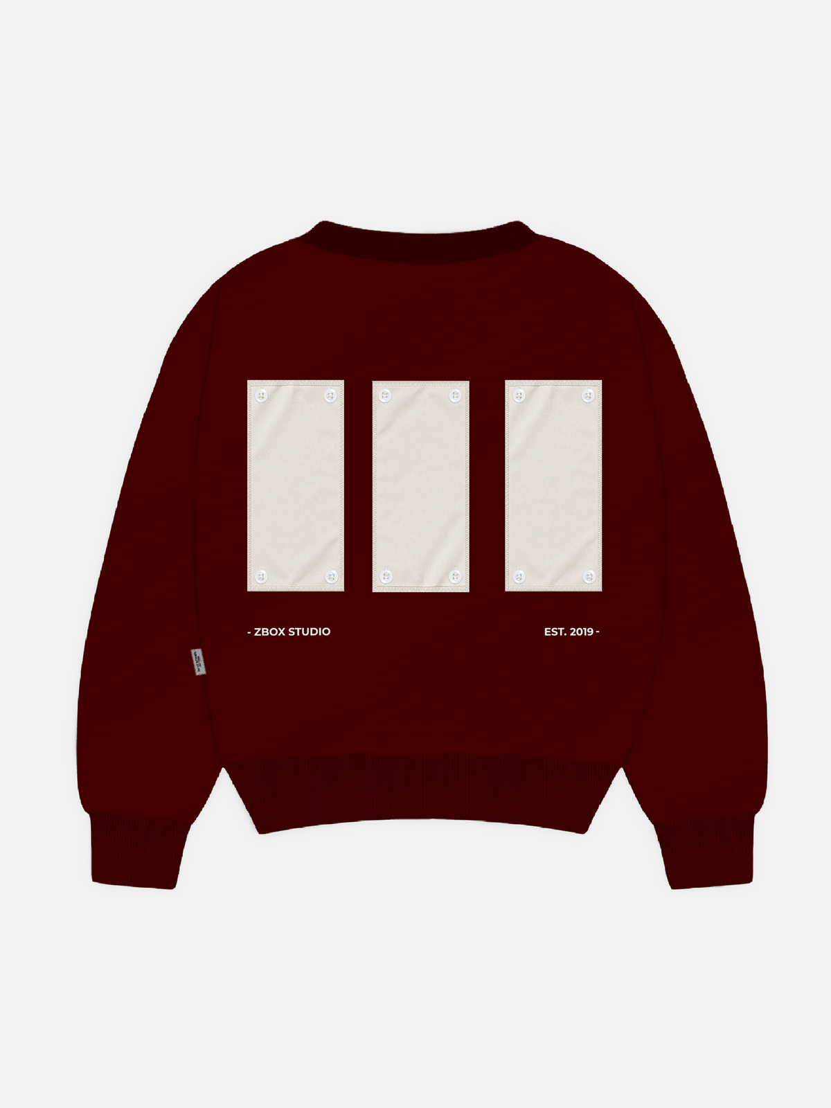 Back of sweatshirt with three blank patches
